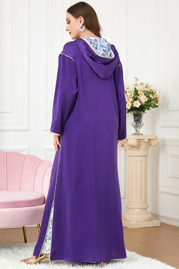 Caftan brodé violet, ensemble 2 pièces, robes marocaines avec capuche